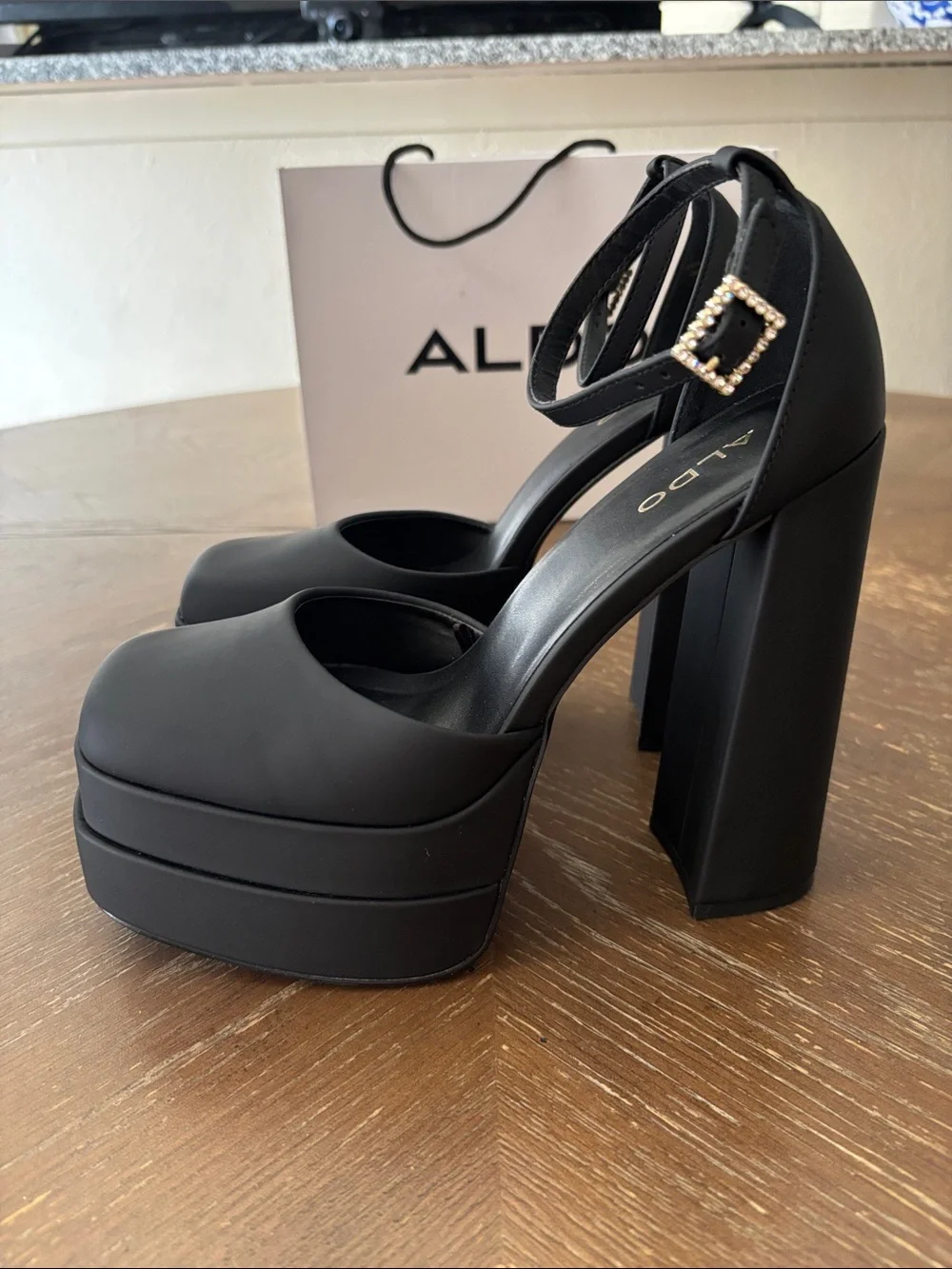 ALDO Grandle double-platform block-hell square toe rhinestone strap 6” heels